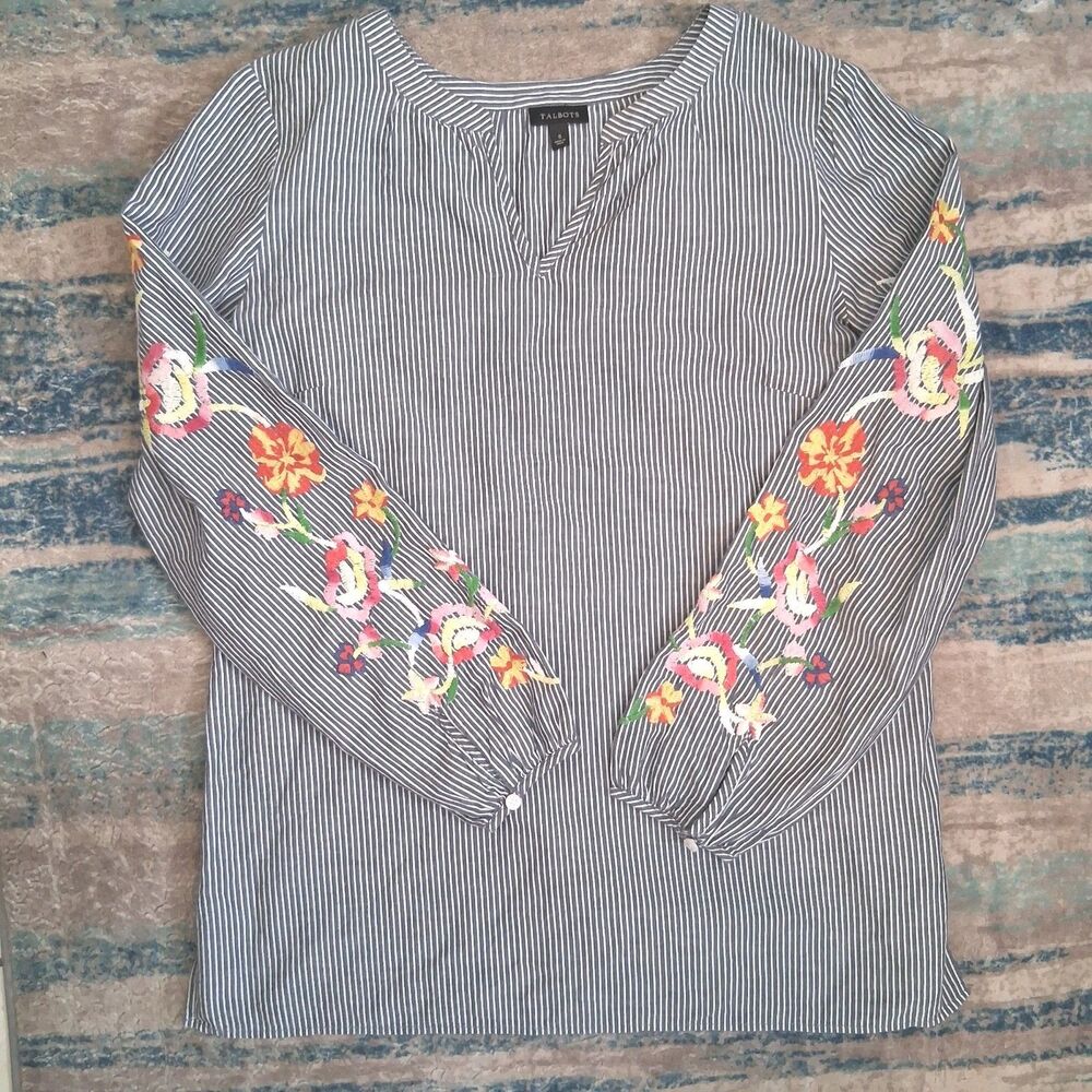 Talbots Women Tunic Peasant Blouse Long Sleeve Floral Embroidery Small Striped